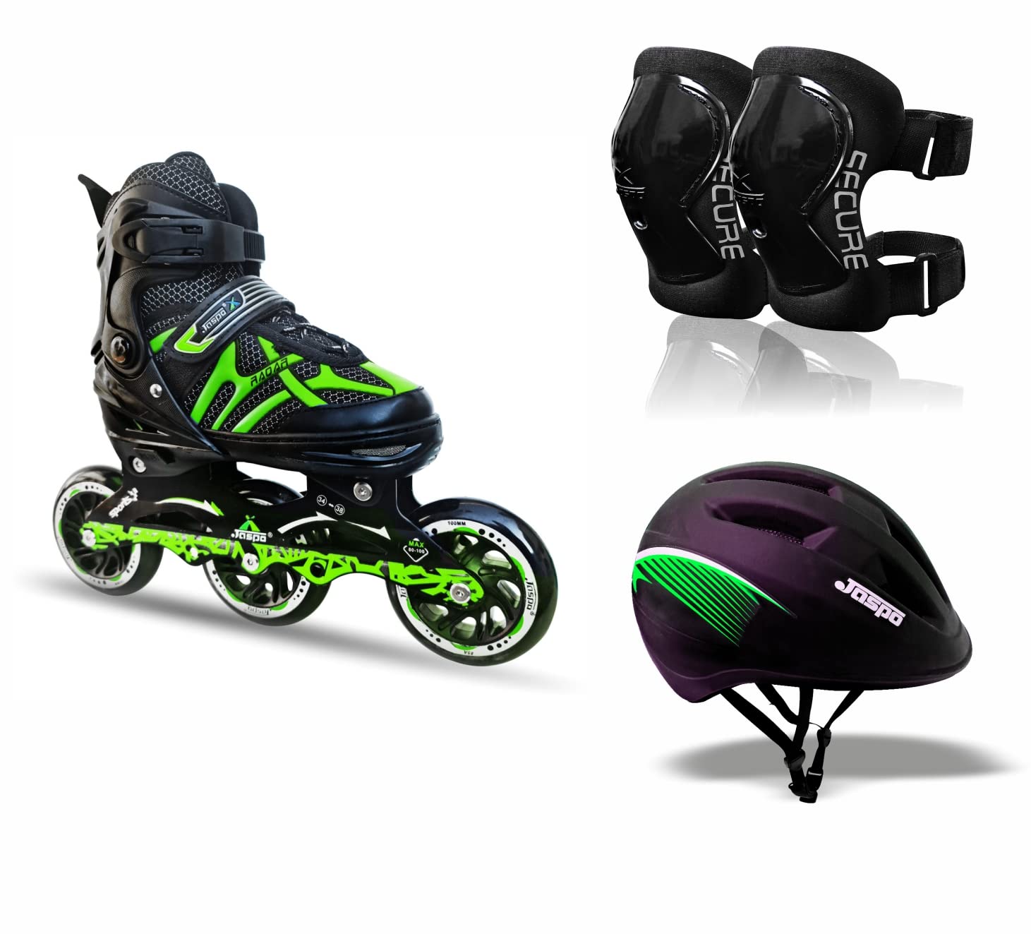 JASPO Radar Hydra-MAX Eco Adjustable Inline Shoe Skates Combo for all age groups (Green, Large (5-8 UK))