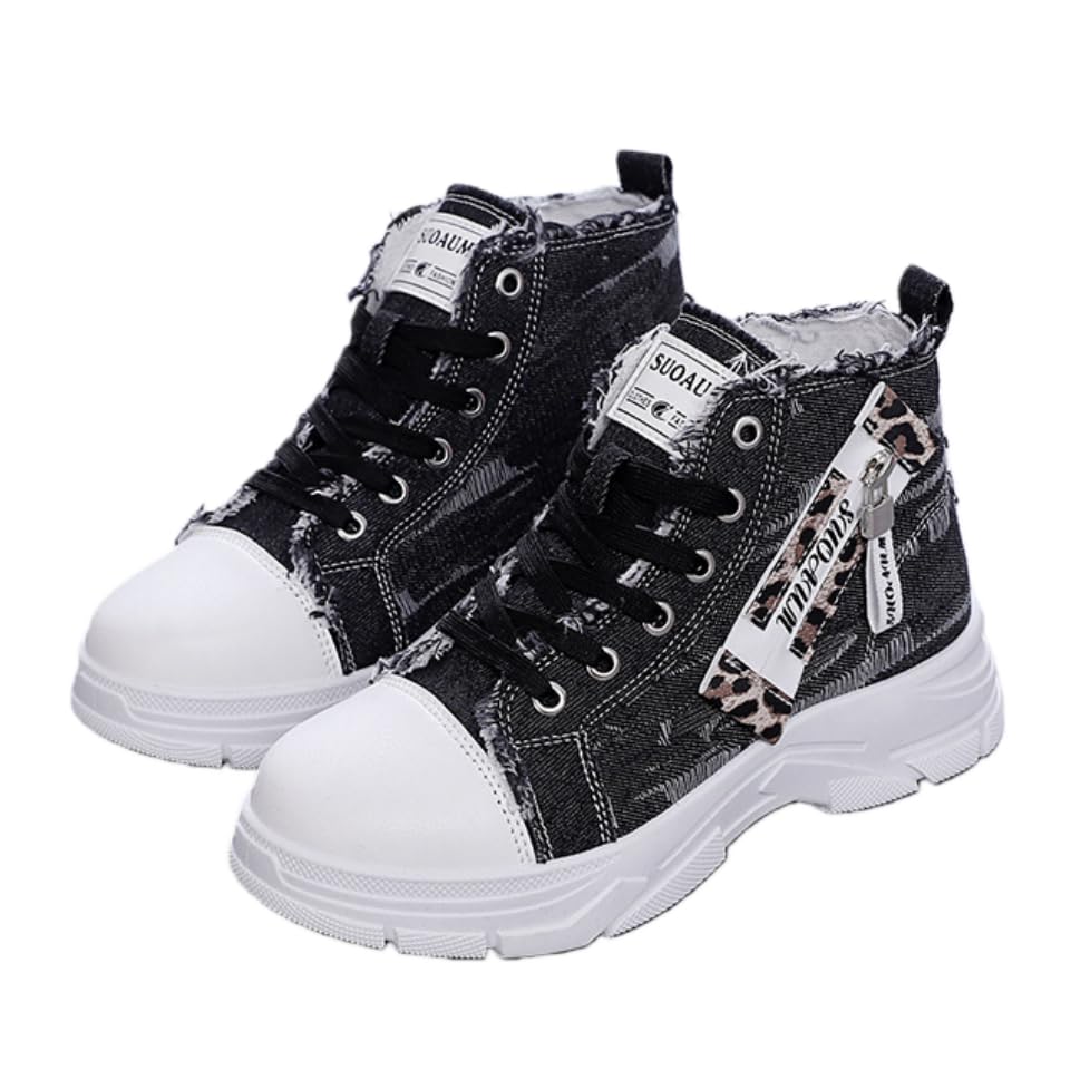 Womens High-Top Denim Boots with Side Zipper - Comfortable Thick Sole Casual Shoes Versatile Fashion Athletic Footwear Soft