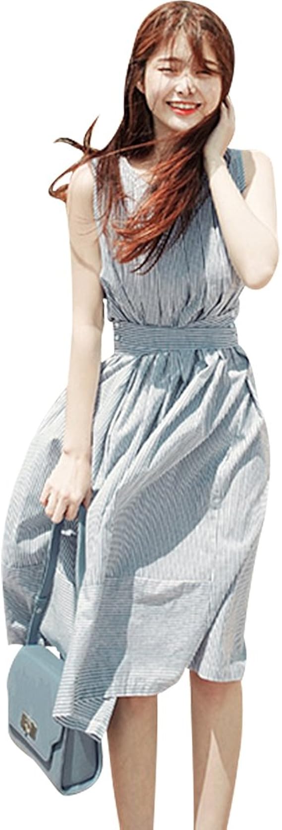 Amazon Co Jp Star レディース ノースリーブ ワンピース ロング 夏 ストライプワンピース ウエストリボン ロング丈 ワンピース マキシワンピース Aライン 大きいサイズ リボンベルト付き Xl 服 ファッション小物