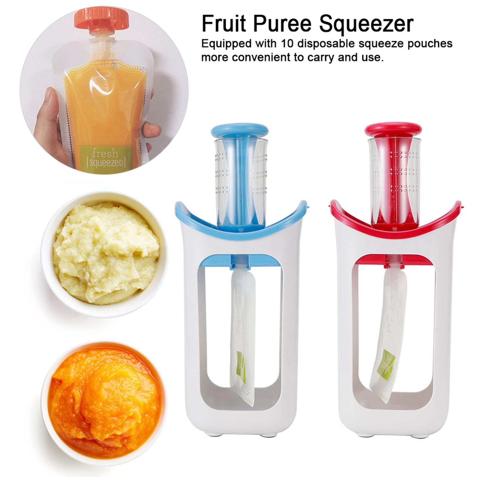 BORDSTRACT BORDTRACT Squeeze Station, Station De Remplissage De Sachets Avec 10 Sachets Alimentaires à Presser Pour Jus De Fruits Semi-solides Et Frais, Pour Aliments Pour Bébés Faits Maison(Bleu
