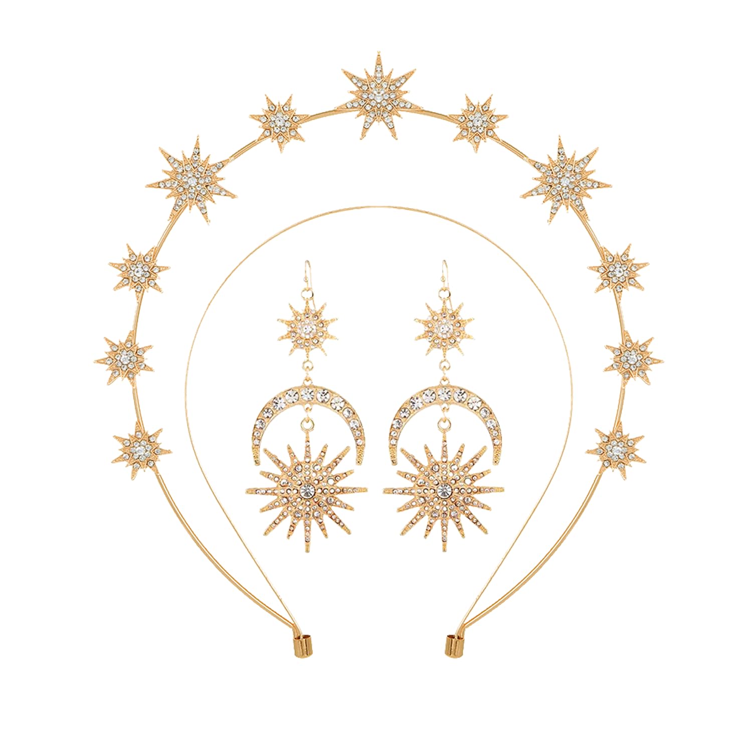 AOVNA 2Pcs Sun Headpiece Halo Crown Stars Head Crown Hair Hoop Glitter Star Moon Earrings for Halloween Costume Accessories