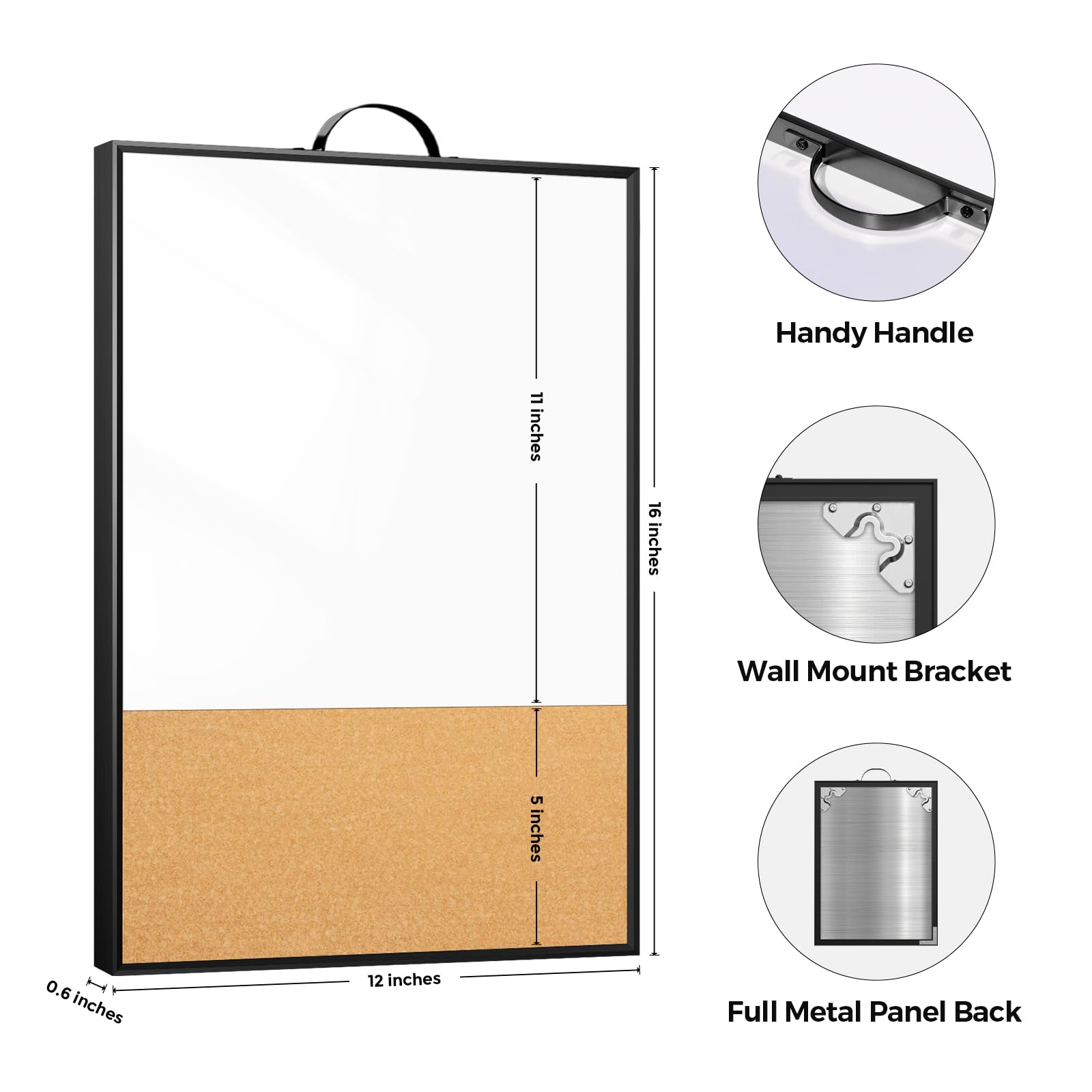 Pizarra blanca pequeña de corcho, pizarra magnética de borrado en seco de 16 x 12 pulgadas y tablero de corcho de anuncios con asa para colgar en la pared, pizarra blanca portátil con marco de