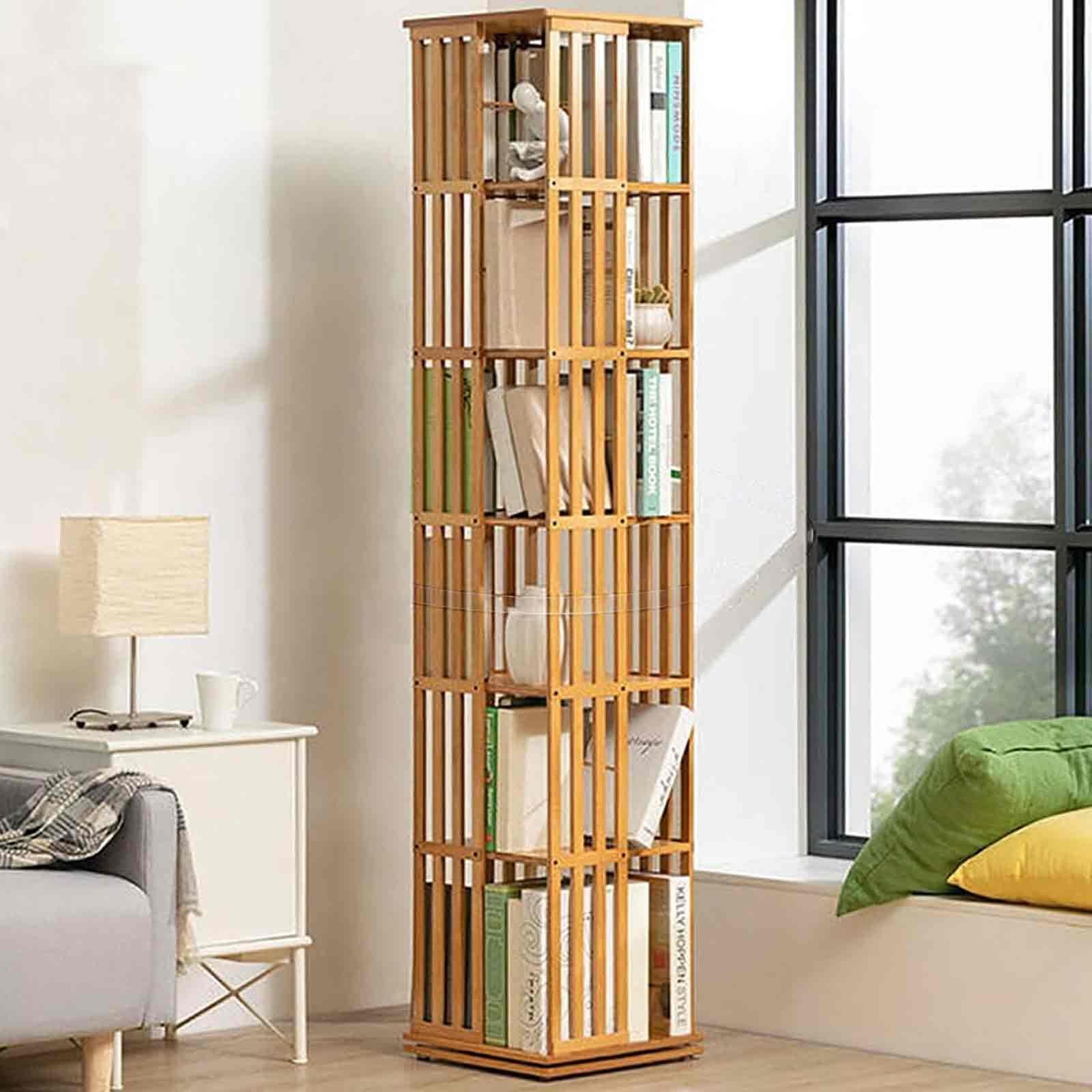 Bookshelf for Living Room, 6-tier Floor Bamboo Bookshelf, 360 ° Rotation, Metal Rotation Chassis, Stable Load, Demolition, for Kids and Adults