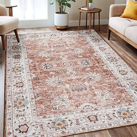 QXKAKA Washable Area Rug 5x7, Non-Slip Vintage Floral Rug Low Pile Stain Resistant Chenille Throw Carpet for Living Room Bedroom Kitchen Dining Room Dorm Farmhouse Boho Home Decor (Brick) Cover
