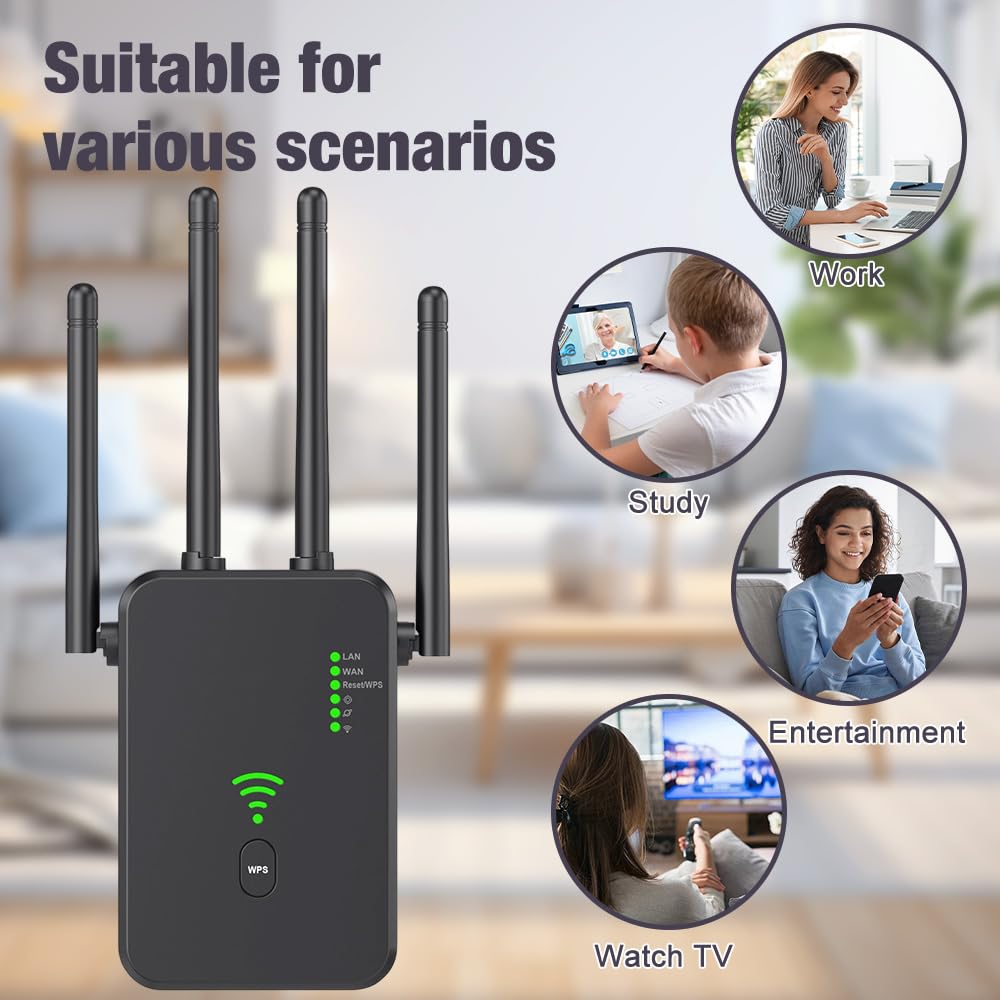Wzmacniacz Wi-Fi, wzmacniacz sygnału WiFi, wzmacniacz sygnału WiFi, 2,4 GHz + 5 GHz WiFi Booster z repeaterem, kompatybilny ze wszystkimi routerami z 1 portem WAN, 1 portem LAN, obsługa WPS