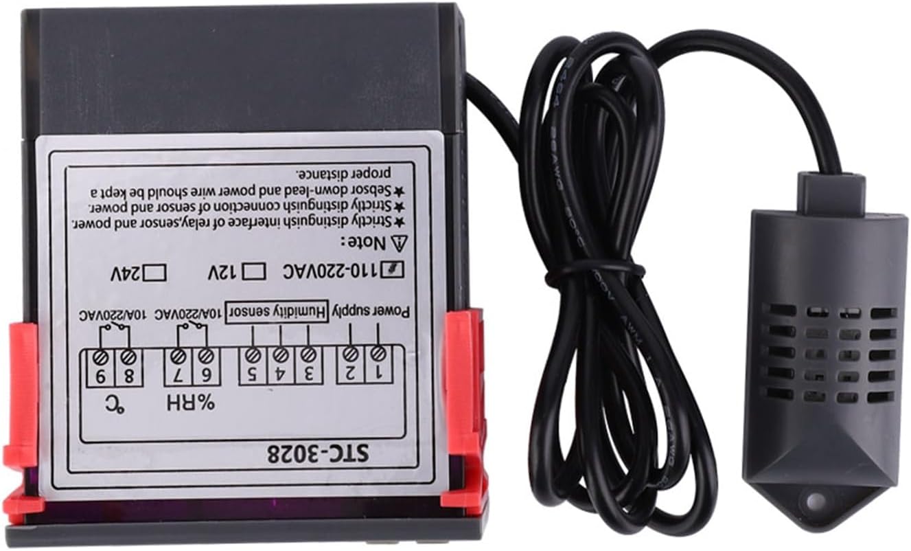 3028 Digital Temperature and Humidity Controller, Dual Display, 110-240VAC, ABS Flame Retardant, -20°C to 80°C Range, 75x34.5x85mm