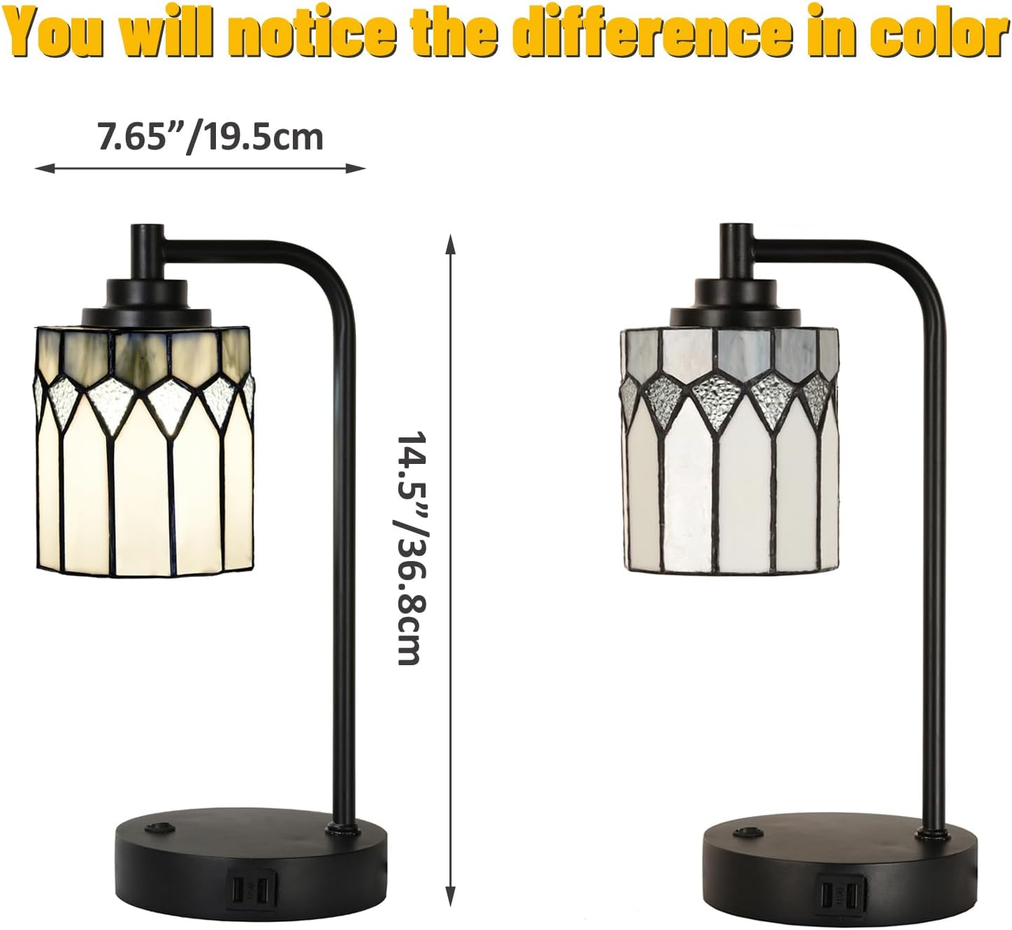 TL0019 Tiffany Table Lamp with 2 USB Charging Ports, Desk Lamp with Geometric Stained Glass Lamp Shade, Retro Nightstand H 14.5 for Bedrooms Office Study, LED Bulbs Included (Grey)