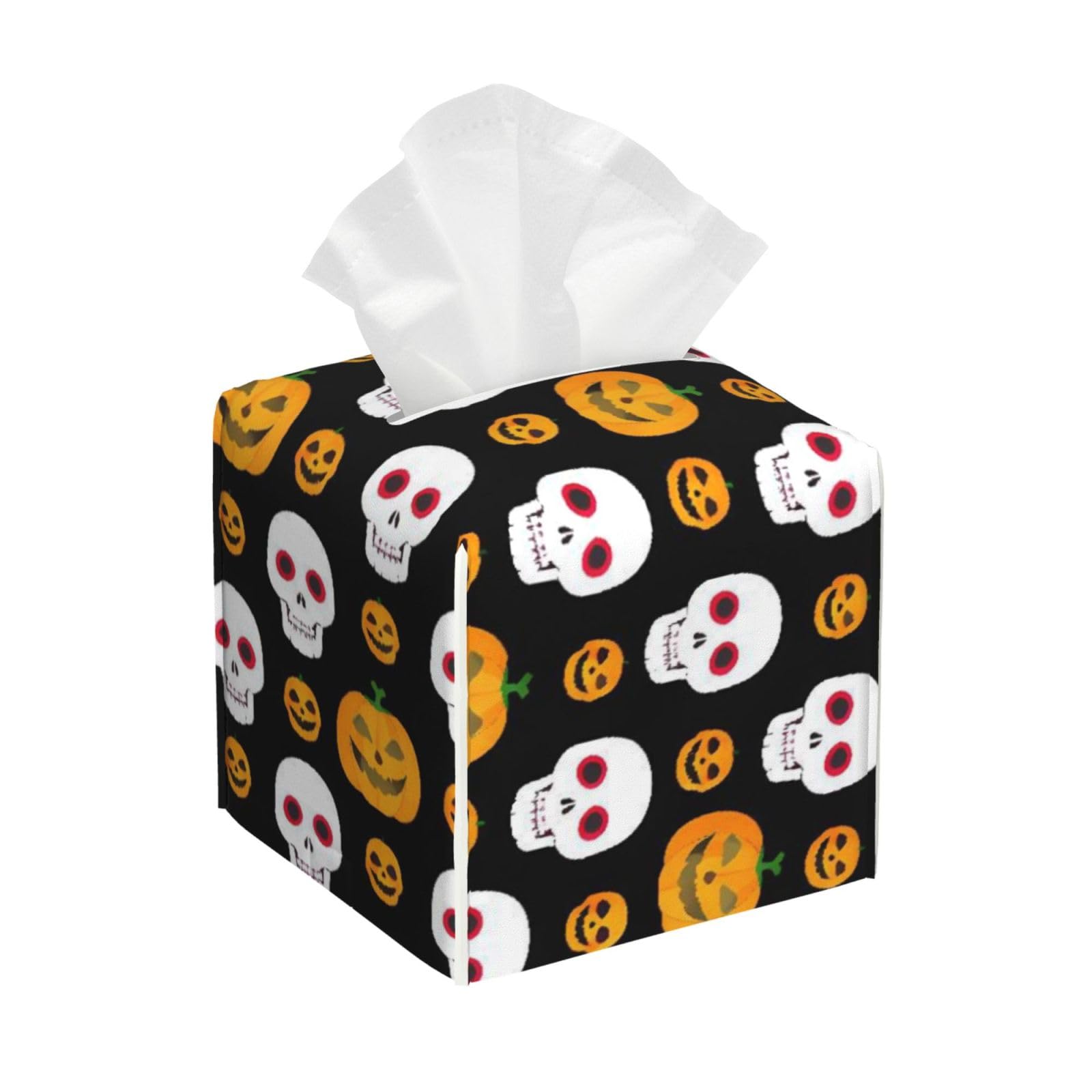 Halloween Skull Pumpkin Leather Tissue Box Cover Holder Square Facial Paper Organizer 5.2" X 5.2" X 5.2"