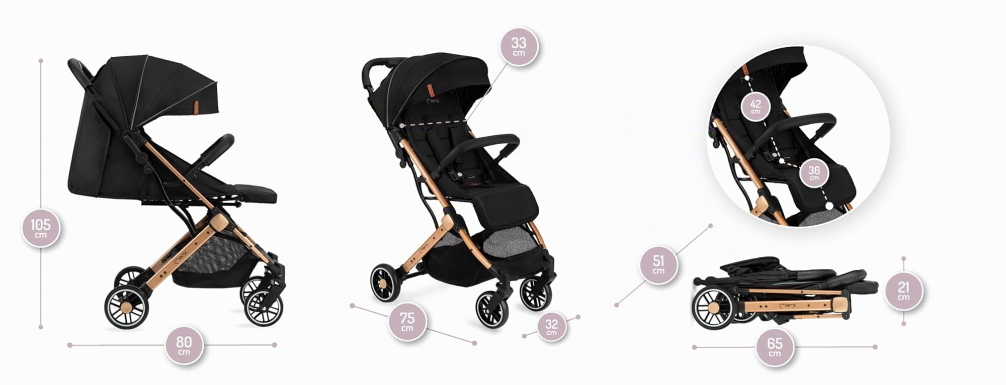 MoMi ESTELLE Poussette compacte légère et pliable dès 6 mois jusqu'à 15 kg, dossier inclinable, repose-pieds réglable, roues amorties, grand panier, harnais 5 points