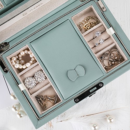 Vlando Retro Lockable Jewelry Box Organizer, Mirrored Jewelries Necklaces Earrings Rings Storage Case Holder With Key - Best Gifts For Women Girls, Aqua Green #TOP3