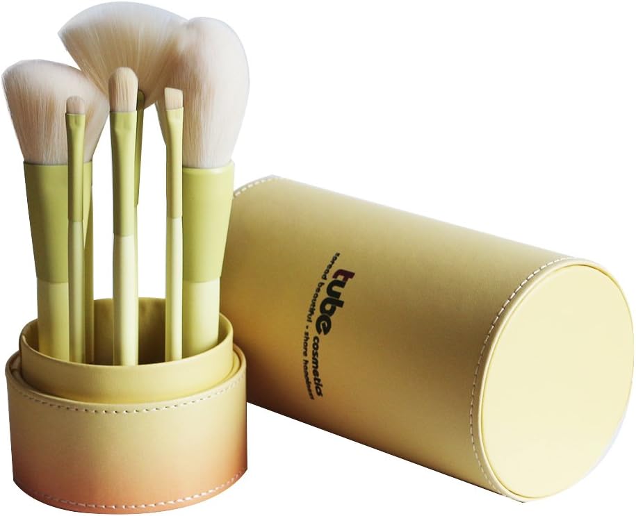 9 Piece Makeup Brush Set With Make Up Brush Holder Base Gradient Color (Yellow)