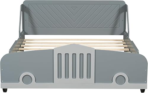 Miniatura 13 de Cama de plataforma en forma de auto de carreras con ruedas, cama de plataforma de madera tamaño individual con barandilla, cama de plataforma para