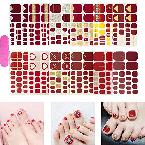 NAIL ANGEL 12pcs Toe Nails Strips Thin Toe Nail Wrap Nail Art Full Cover Sticker Fashion Designs Sticker Easy-Way Summer Beach Holiday Style Pedicure for Women Red Designs10182
