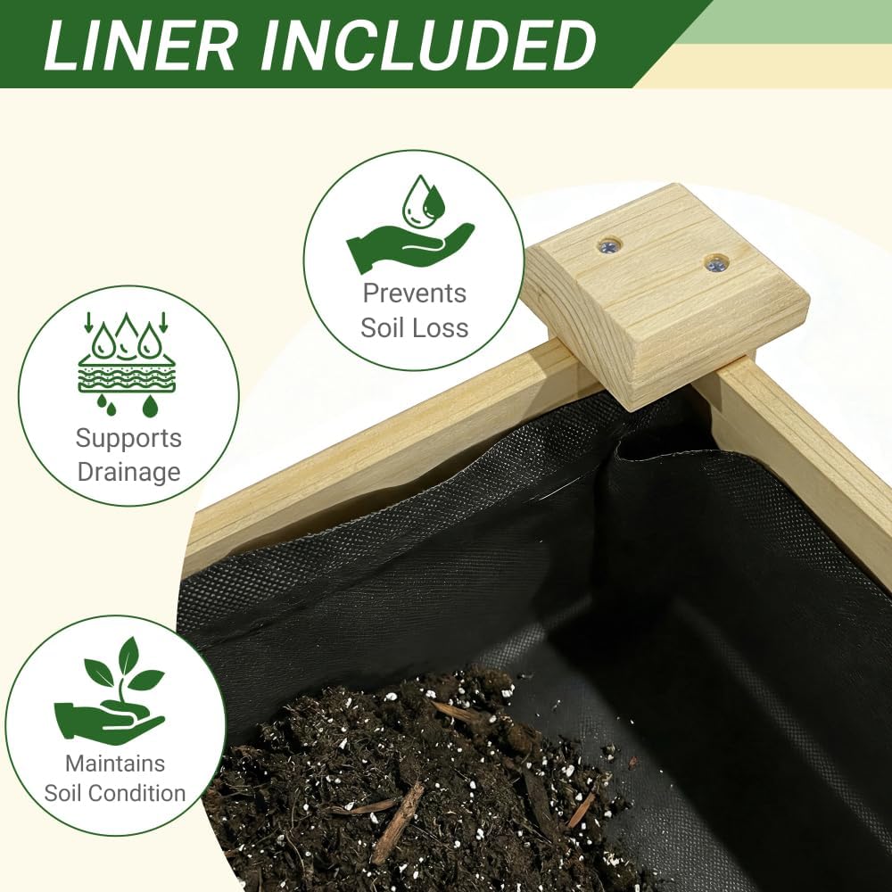 48x23x31 Inches Raised Garden Bed with Legs, Elevated Natural Wood Planter Box with Water Collection Tray, Storage Shelf, Liner & Drainage Holes for Vegetables Herbs Flowers