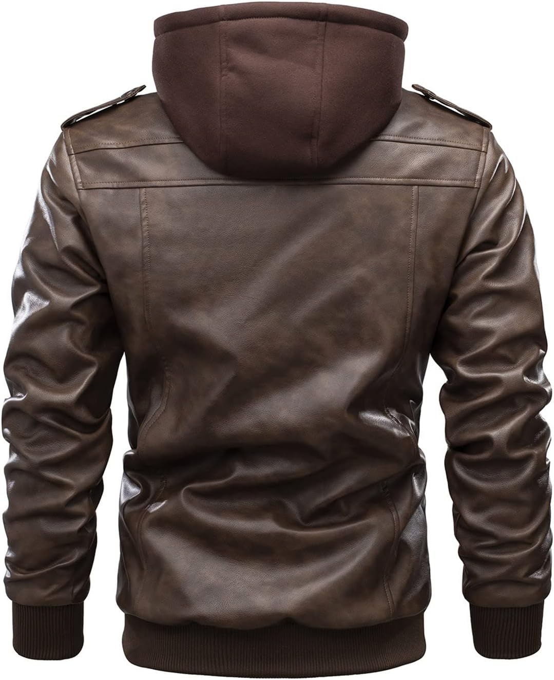 Oversize Faux Leather Jacket Men's Vintage Bomber Coat Zip-up Hooded Motorcycle Biker Jacket Coat with Removable Hood