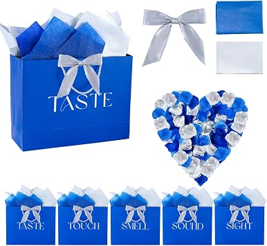 BHHQHH 5 Senses Gift Bags for Him Her Five Senses Sight Smell Touch Taste Sound Gift Bags with Ribbon Handles Tissue Paper Petals for Birthday Anniversary,Wedding,Valentines DayBlue,Sliver