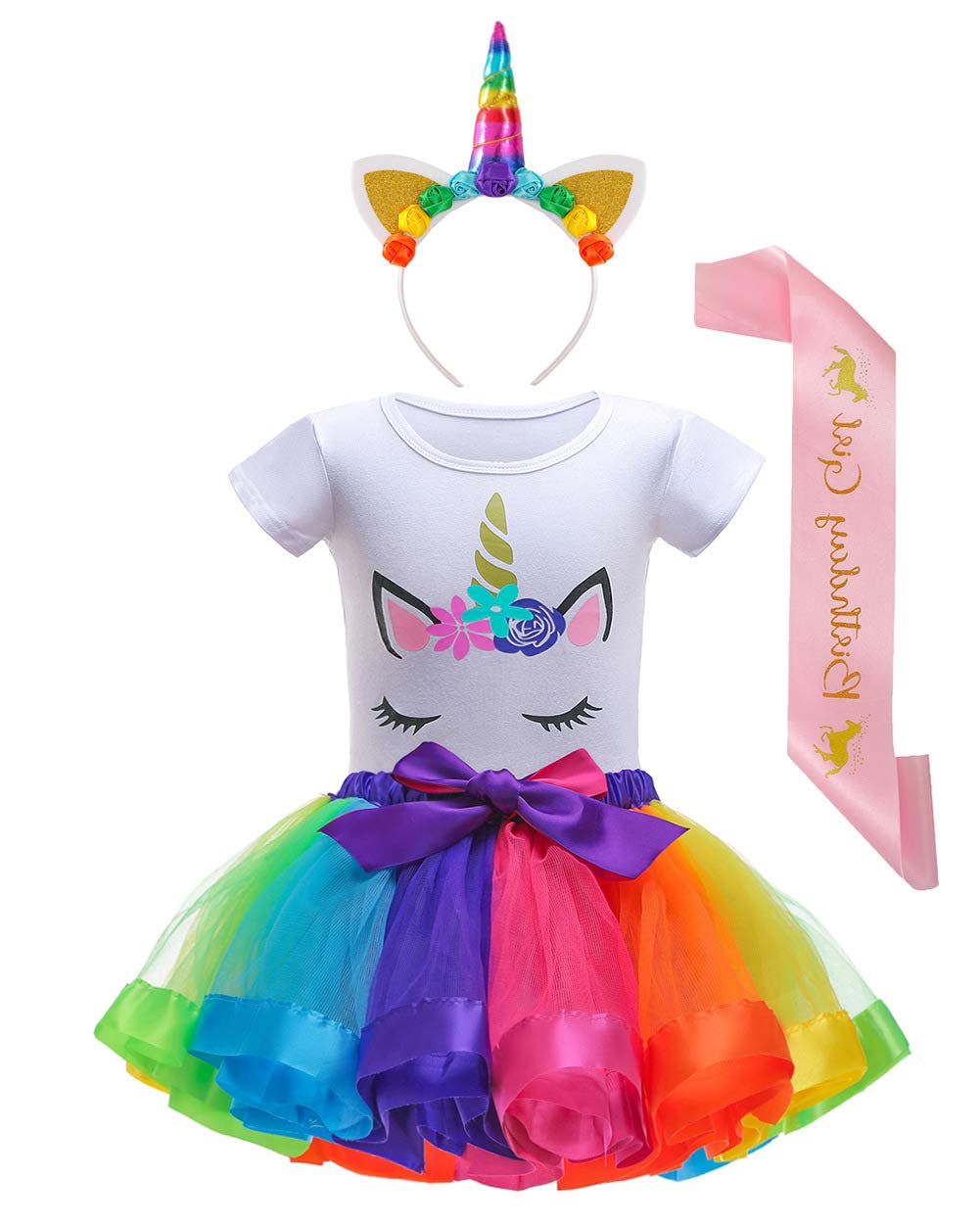 Nuolich Little Girls Unicorn Birthday Party Outfit, Unicorn Tutu Dress, Headband, Shirt & Satin Sash