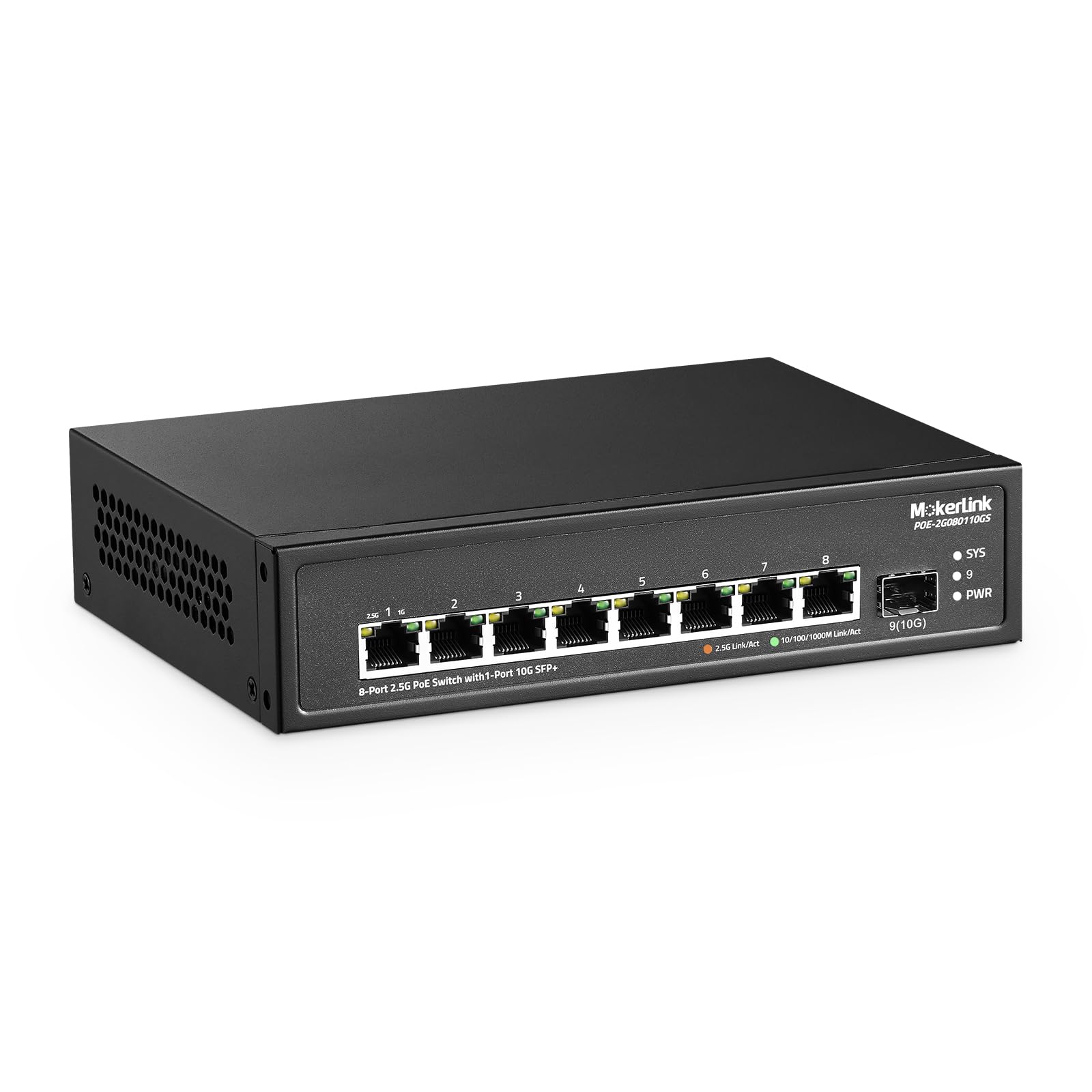 MokerLink Switch PoE a 8 porte 2,5 G con slot SFP+ 10 G, 8 porte Base-T da 2,5 G, compatibile con 10/100/1000 Mbps, IEEE8023af/at PoE 120 W, Metal Ungested Fanless Small Network Switch