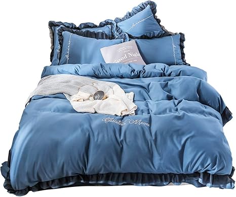 Amazon Co Jp 布団カバー シーツ 刺繍 蓮の葉 洋式 和式兼用 寝具カバーセット 掛け布団カバー ボックスシーツ 枕カバー ベッド用 布団用 洗い替え速乾タイプ ブルー セミダブル 4点セット ホーム キッチン