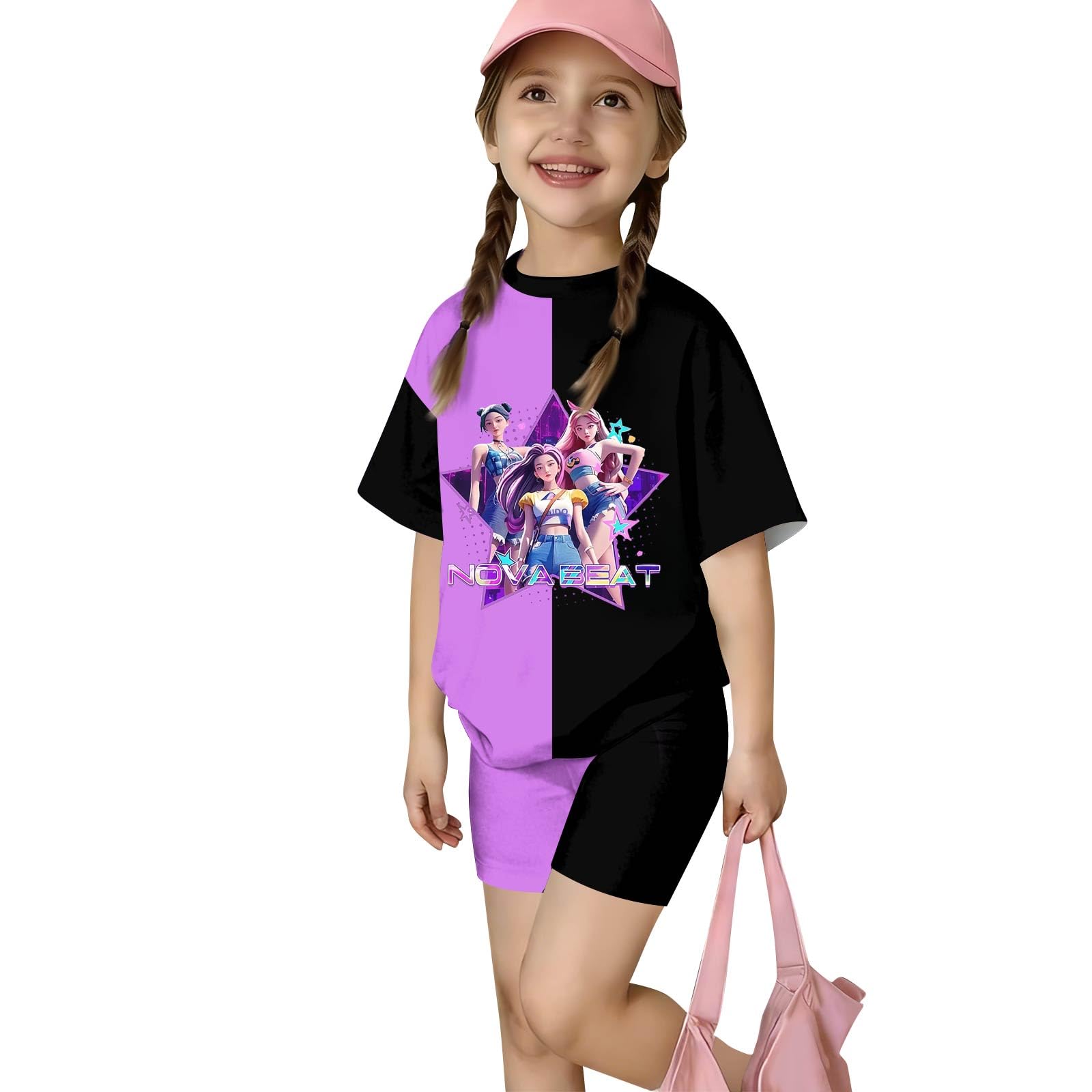 Girls 2 Piece Outfits Cute Singer Cartoon Graphic Short Sleeve Shirts and Shorts Fashion Casual Clothing Sets
