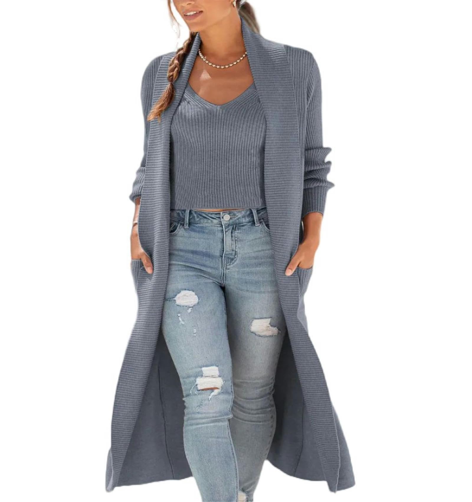Conjunto de Dos Piezas de Jersey Holgado de Punto con Chaqueta Cortavientos y Tirantes