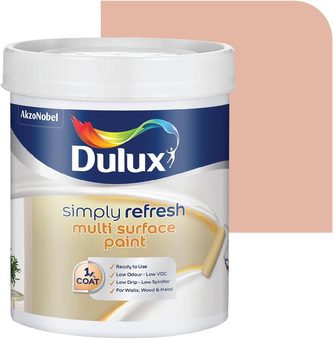 Dulux Simply Refresh SHADE OF PINK&RED DIY Multi Surface Paint Washable Coat, Low Drip Splatter with Soft Sheen Finish for Wall, Wood & Metal Surfaces - 1 L (TEHAMA BISQUE)