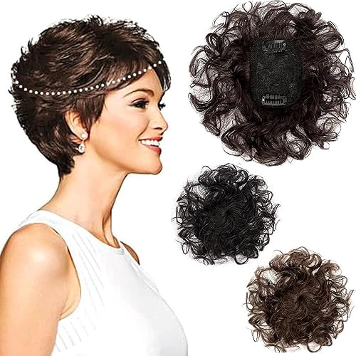ICRAB 2.7 x 3.9 pulgadas de área pequeña de cabello humano corto rizado con clip en la parte superior del toupee, pieza de cabello ondulado para
