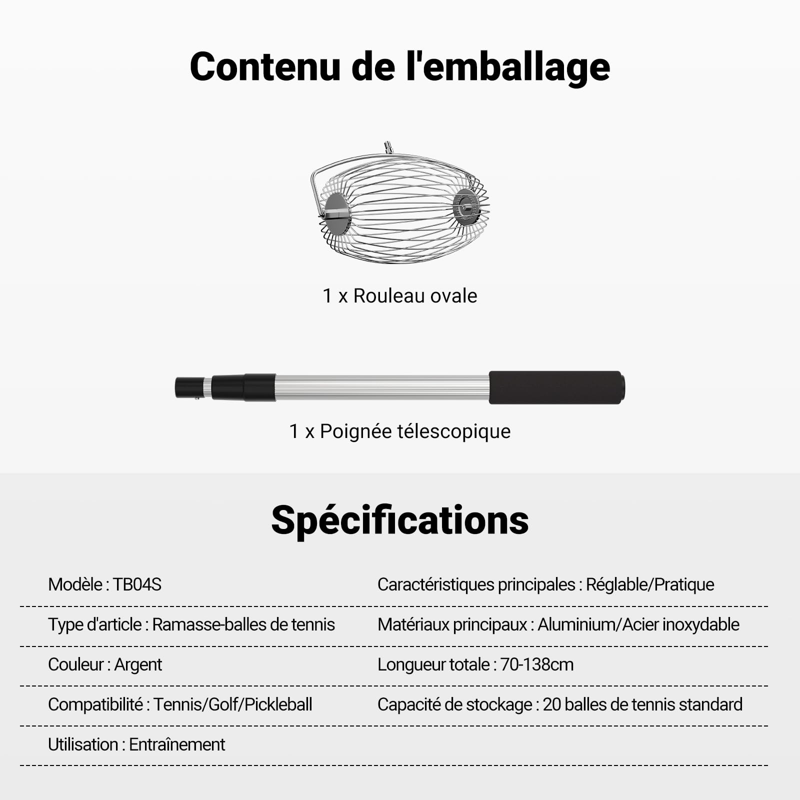 NEEWER BASICS Ramasseur de Balle de Tennis à Trémie Supérieure TB04S 70-138cm Télescopique pour 20 Balles