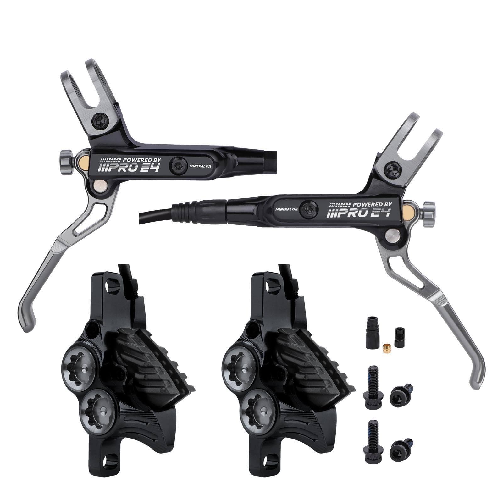 MEROCA IIIPRO E4 Hydraulic Disc Brake Set - 4-Piston MTB Brakes, 641N Braking Force, TUV Certified, Lightweight 475g, for Mountain/E-Bike/Folding Bicycles (Black, Left Rear Right Front)