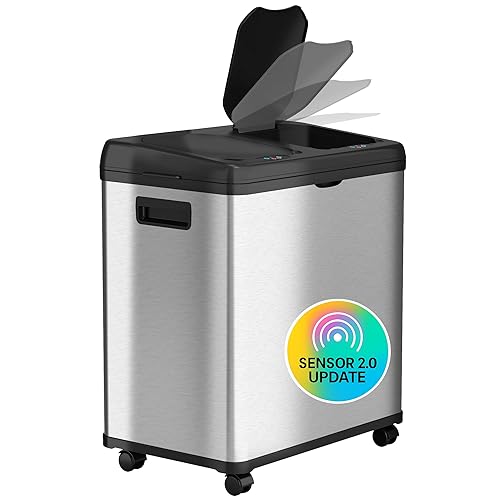 iTouchless Bote de basura de cocina con sensor 2.0 de 16 galones, con doble compartimiento, con ruedas, de acero inoxidable, automático, de 8