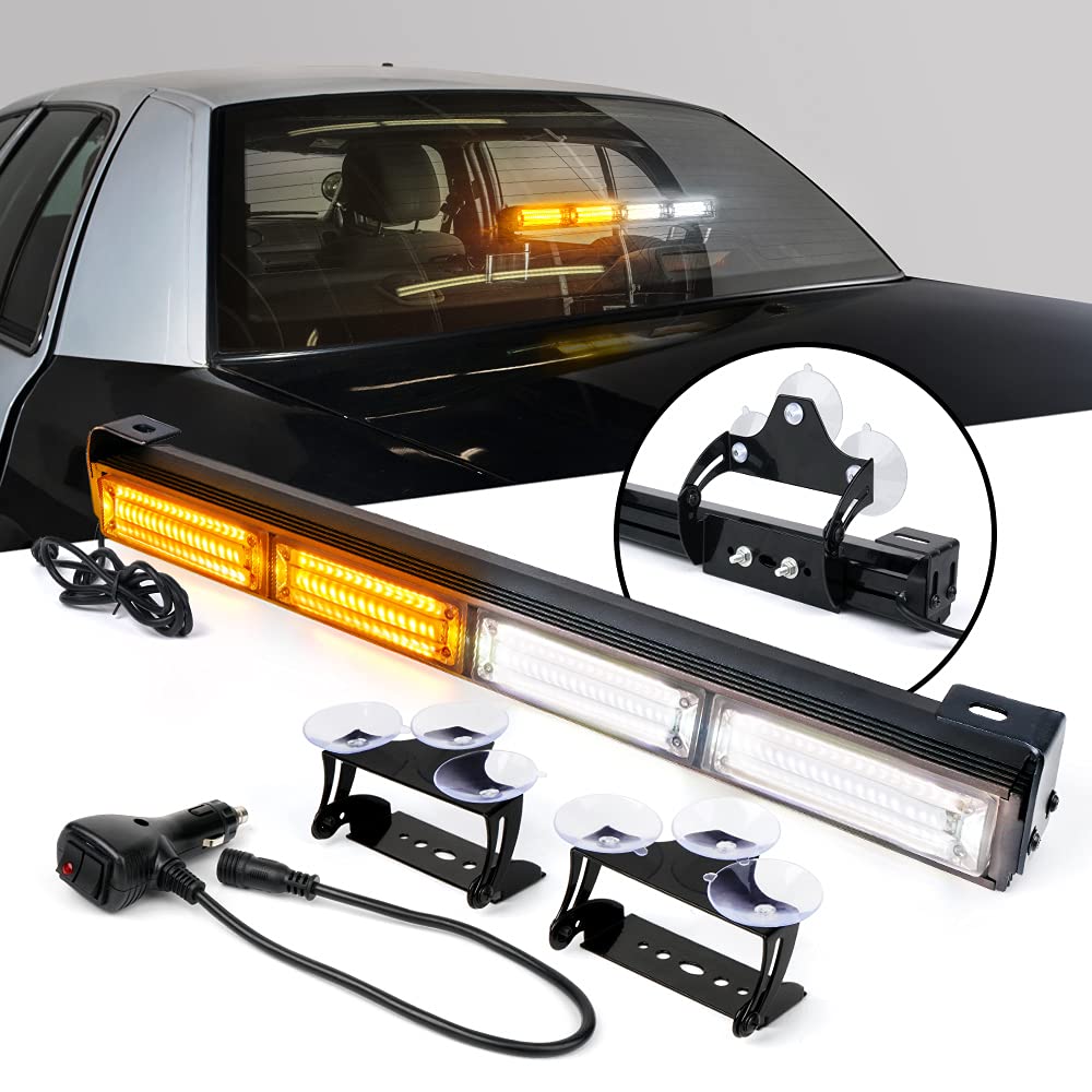 Xprite 18" COB LED Emergency Traffic Advisor Strobe Light Bar, 21 Flashing Patterns Bumper Hazard Warning Caution Lightbar, w/Suction Cup for Vehicles Trucks UTV ATV Cars - White & Amber