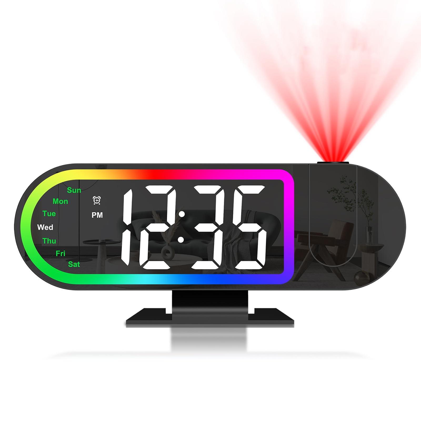 Ankilo Projection Alarm Clock for Bedrooms, 8.5" Large Digital Clock with Week/Time, 180° Projector, 17 RGB Night Light, Snooze, Plug In Alarm Clock Bedside Projector on Ceiling Wall