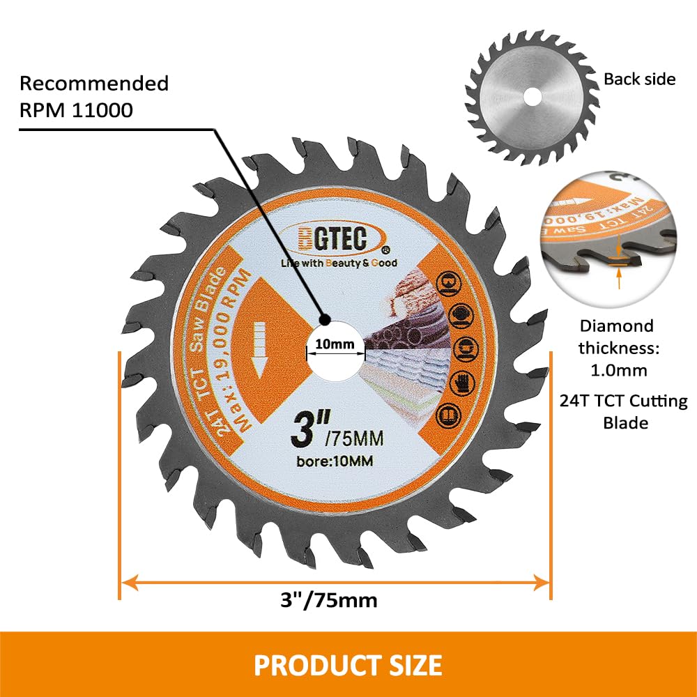 TCT Carbide Circular Cutting Blade-BGTEC Wood Cutting Dics, 3pcs 3"/75mm 24T with 10mm Arbor for Cutting Wood Plastic - Image 3