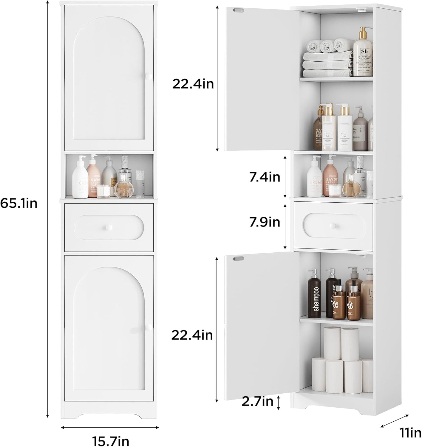 Maupvit 65" Tall Bathroom Storage Cabinet, Narrow Storage Cabinet with 2 Doors and Drawer, Bathroom Organizers with Adjustable Shelves for Living Room, Entryway, White