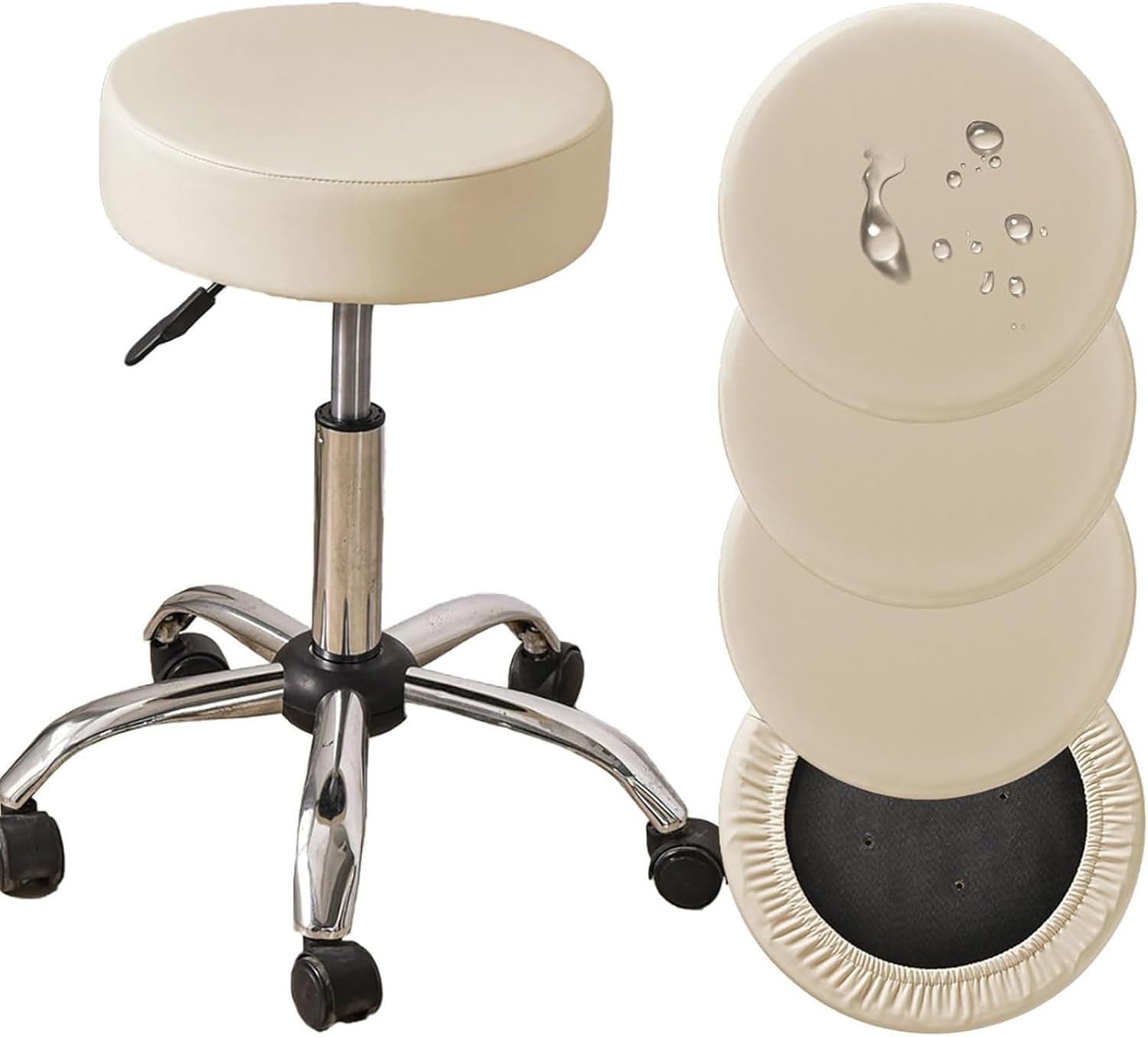 Stool Covers Round Waterproof PU Bar Stool Seat Covers with Elastic Bands, Washable Stool Cushion Slipcover, for Vanity Chairs Indoors & Outdoors,L,4 Pack