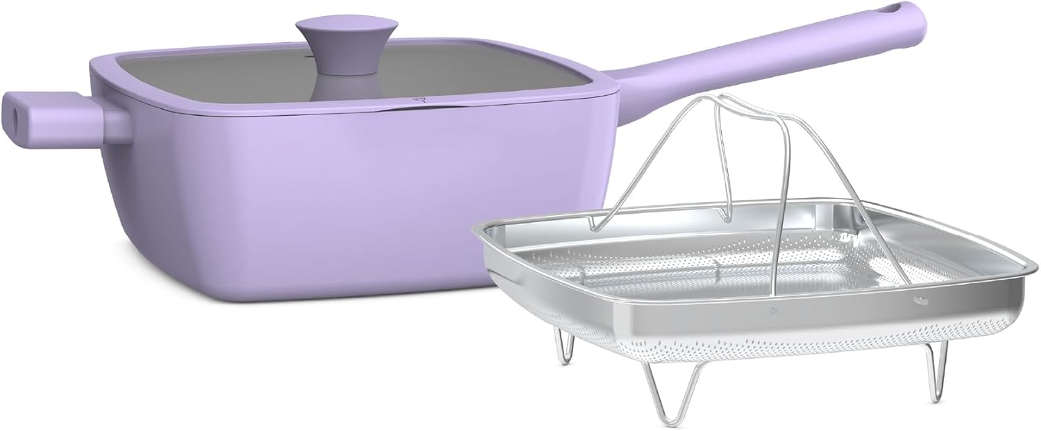 So Yummy by bella 3 Piece Square Pan Set, Aluminum Cookware Set w EverGood™ Ceramic Nonstick Coating?, Dishwasher Safe Silicone & Glass Lids, Oven Safe & All Stovetop Compatible, 4.5Qt, Lavender