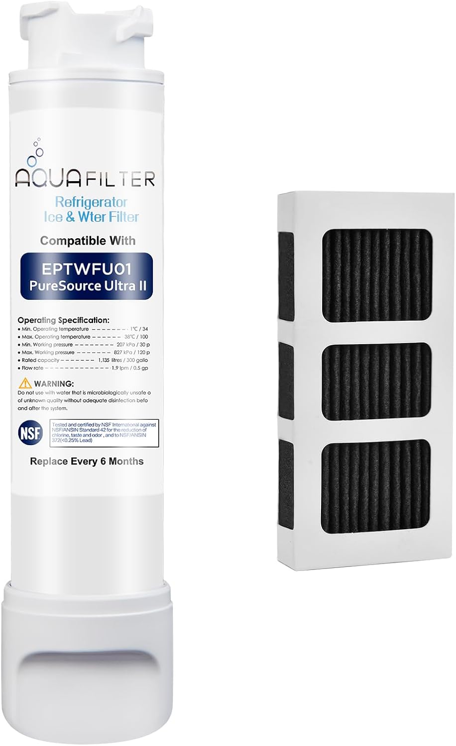 EPTWFU01 Refrigerator Water Filter Replacement compatible for Frigidaire EPTWFU01, EWF02, Pure Source Ultra II, Puresource Ultra 2, SCWFTCTO, & PureAir Ultra II PAULTRA2 Air Filter Combo(1+1-Combo)