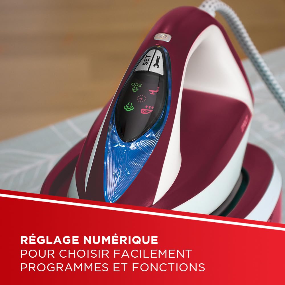 Polti Vaporella Express VE30.40 Fer à repasser à générateur de vapeur, Pression 8 bars, 2 100 W, fonction Eco, technologie « One Temperature », commandes numériques, bordeaux et blanc