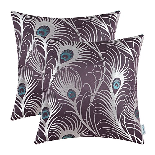 CaliTime Pack of 2 Throw Pillow Covers Cases for Couch Sofa Home Decoration Modern Peacock Feathers 18 X 18 Inches Aubergine