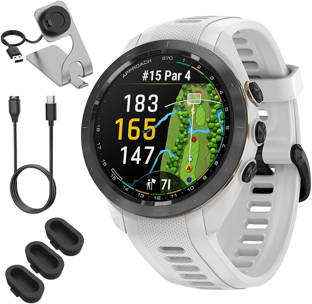 Garmin 010-02746-00 Approach S70 42 mm Premium GPS Golf Watch, White Band Bundle with Deco Essentials Charging Dock, 3X Silicone Dust Cover and USB Type C Charging and Sync Cable