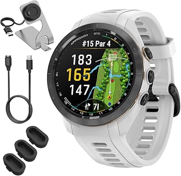Garmin 010-02746-00 Approach S70 42 mm Premium GPS Golf Watch, White Band Bundle with Deco Essentials Charging Dock, 3X Silicone Dust Cover and USB Type C Charging and Sync Cable