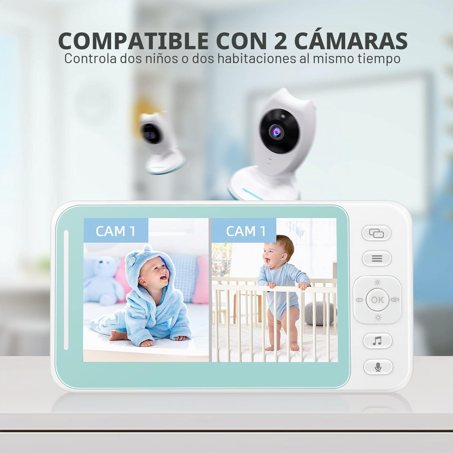 Vigilabebés con Pantalla LCD de 4,3", visión Nocturna, conversación bidireccional, Sensor de Temperatura, recordatorio de energía, 8 Canciones de Cuna, batería de Alta Capacidad - Blanco