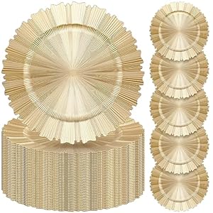 Mifoci 50 Pcs Gold Charger Plates Bulk 13 Inch Plastic Round Chargers Plates Fluted Edge Dinner Charger Plate Wedding Chargers Decorative for Table Setting Wedding Party Event Tabletop Decoration