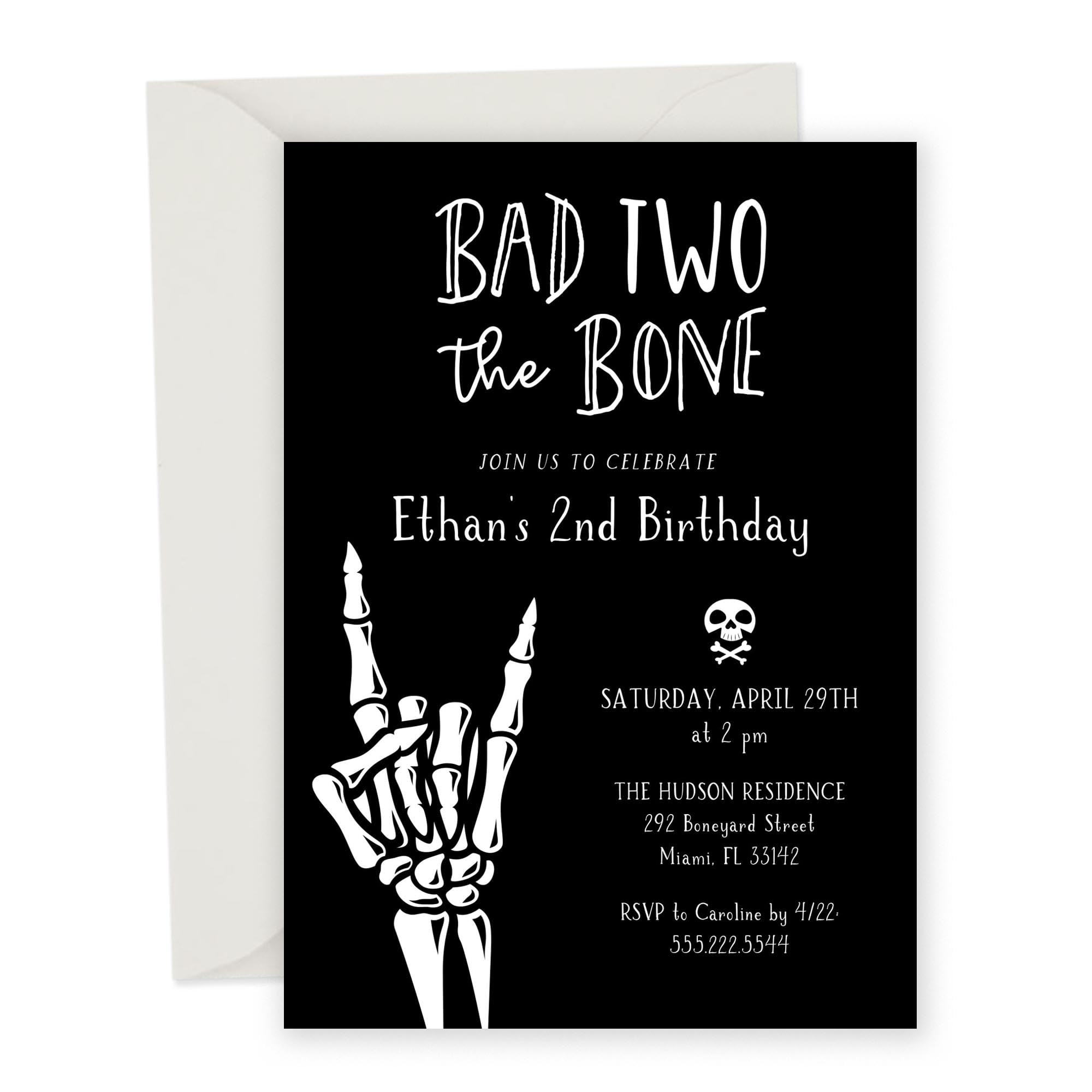 Hello Love Goods 5x7 Bad Two The Bone Birthday Party Invitations for 2nd Birthday Party, Personalized Black and White Invites with Envelopes