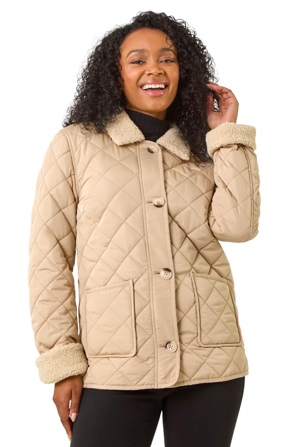 Roman Petite Borg Contrast Padded Coat For Women UK - Ladies Everyday Autumn Winter Round Neckline Comfy Soft Evening Vacation Work Party Night Out - Petite Camel - Size 16