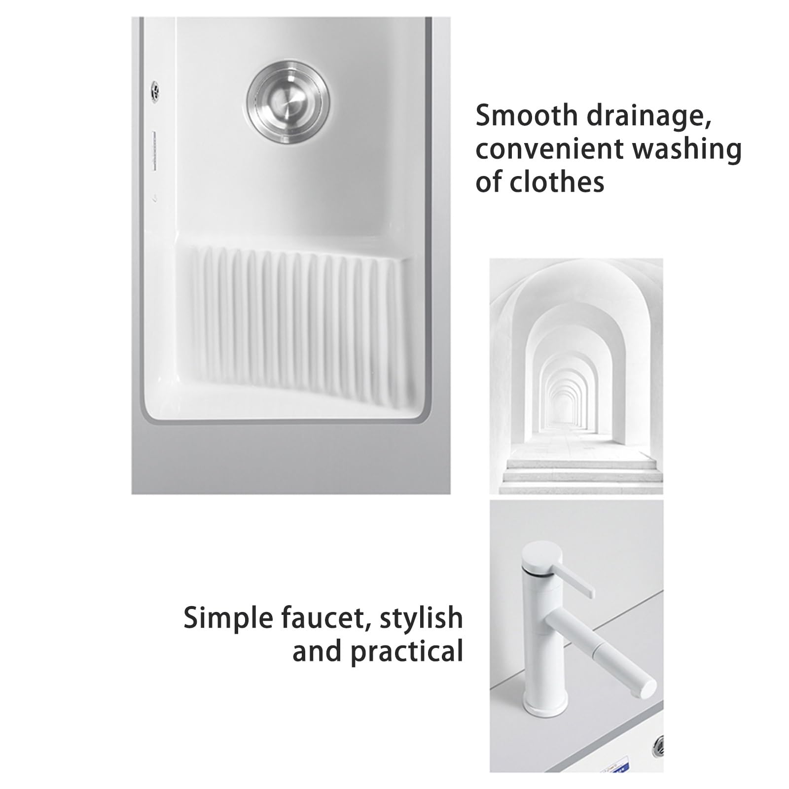 Fregadero rectangular de cerámica blanca con tabla de lavado y rebosadero, ideal para lavandería, balcón o baño (21 x 15.7 x 8 pulgadas), diseño duradero y elegante