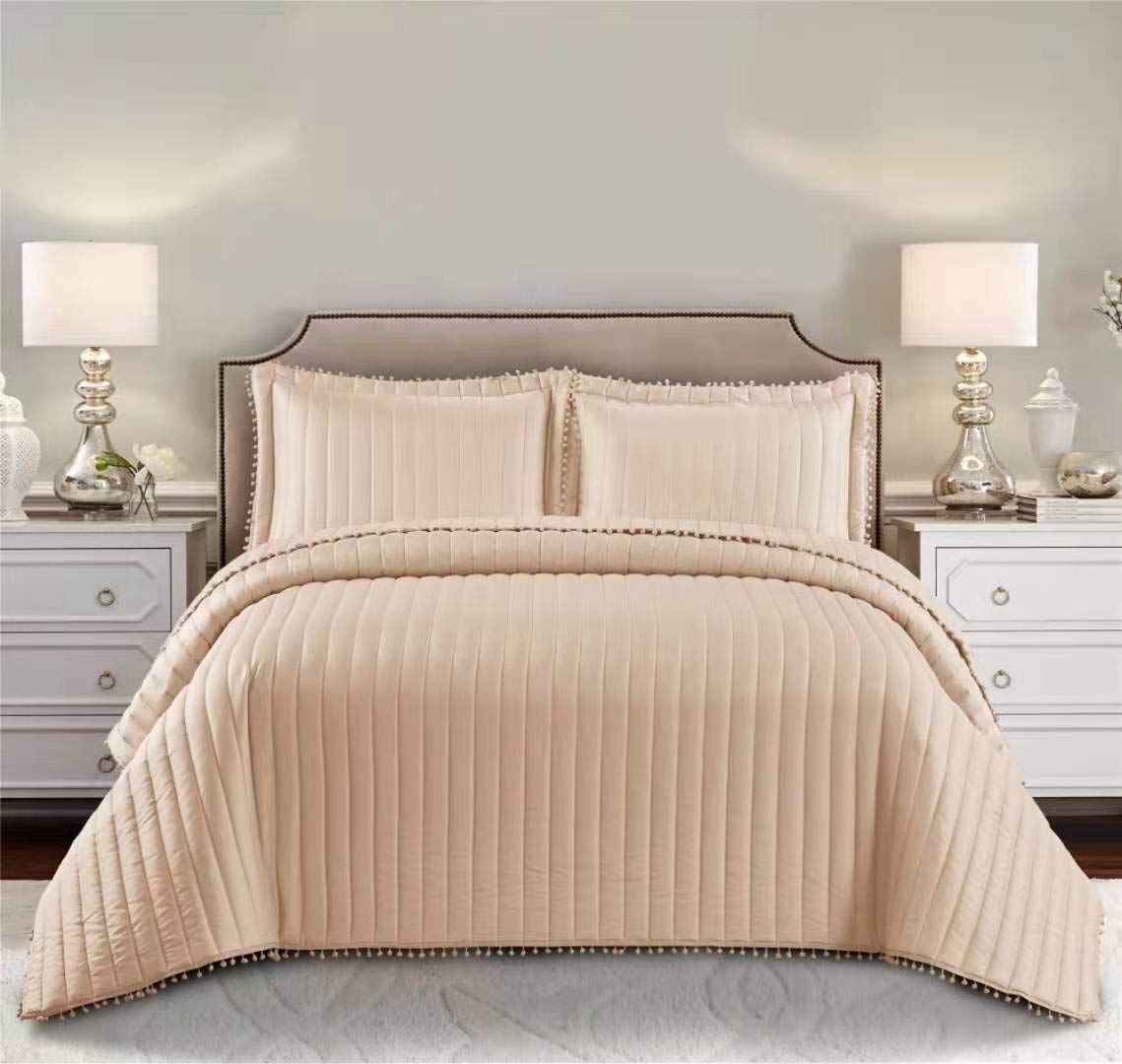 Householdfurnishing Beige 3 Piece Quilted Bedspread Bed Embossed Bedding Set Throw Comforter With Pillow Shams (, Double)