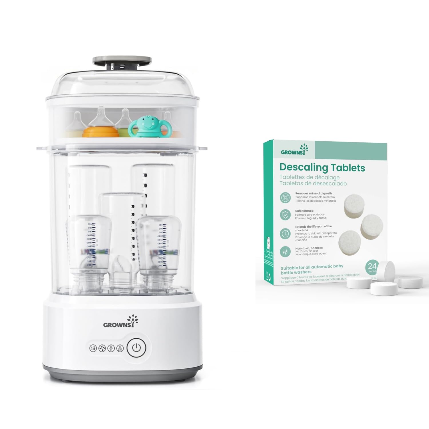 Grownsy Esterilizador y Secador de Biberones & 24 Unidades Pastillas Descalcificadoras