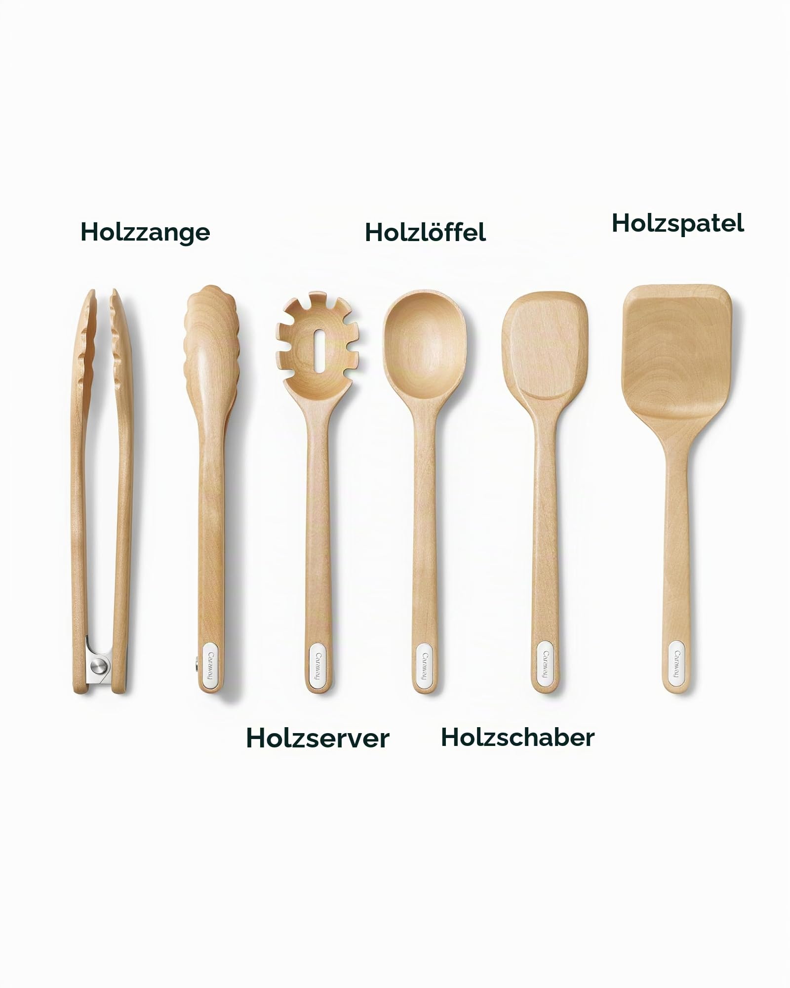 Caraway 5-teiliges Holzutensilien-Set, Kochutensilien-Set | Löffel, Servierer, Schaber, Spatel und Zange, aus FSC-zertifiziertem Birkenholz, ohne Mikroplastik