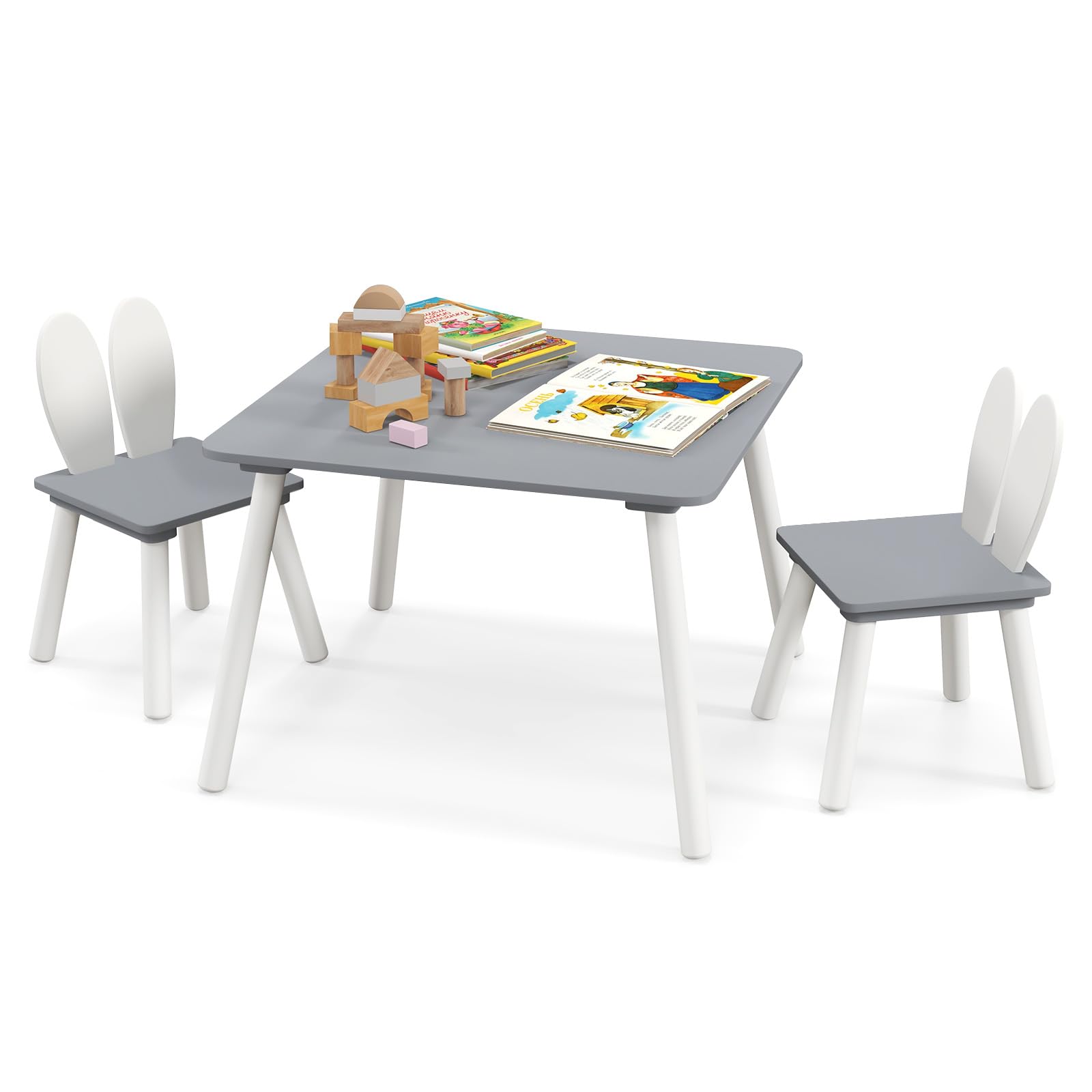 COSTWAY Kids Table and Chairs Set, Wooden Children Play Study Desk with 2 Rabbit Chairs, 3 PCS Toddler Activity Furniture Set for Learning Drawing Eating (Grey+White)